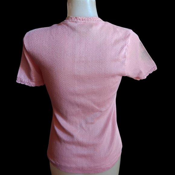Vintage Women's Small Knitted Top K-mart 80's Trash Pink Short-Sleeve Lace Trim - Picture 7 of 8